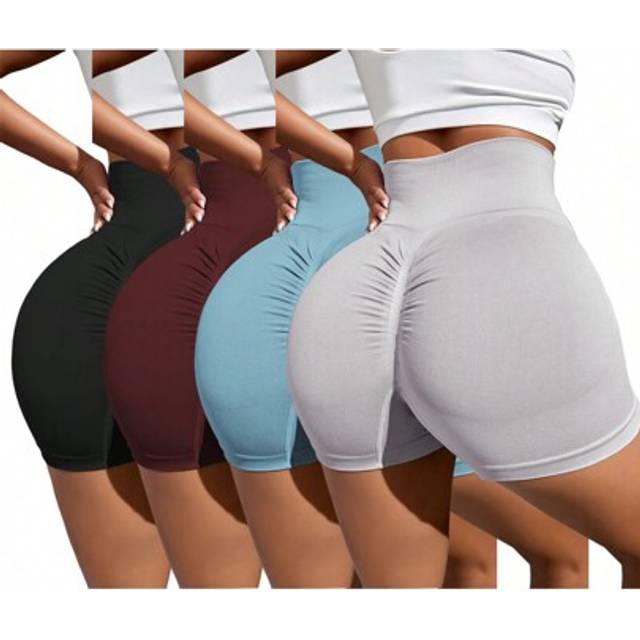 SHEIN 4pcs/Pack Women High Waisted Ruched Seamless Sports Shorts, Solid ColorsWomen Sweat Short, Gym Short, Biker Short