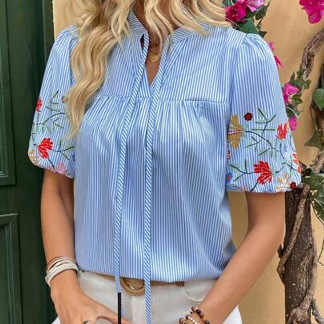 Calvaya Women&#39;s Casual Versatile V-Neck Blue & White Striped Floral Placement Print Bubble Sleeve Loose Blouse, Light Blue, Summer New Arrival