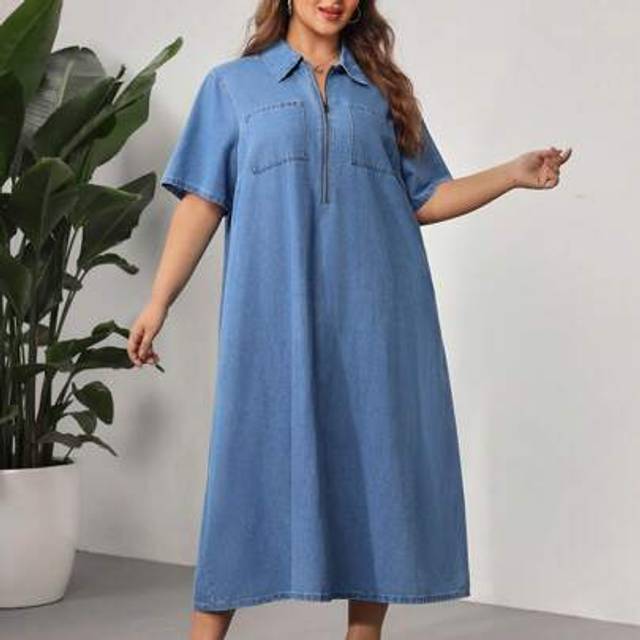 SHEIN Women&#39;s Blue Plus Size Dress Loose Shirt Dress Lightweight Denim Comfortable And Versatile Summer Outfits,Curve Plus ,Hoho Vacation