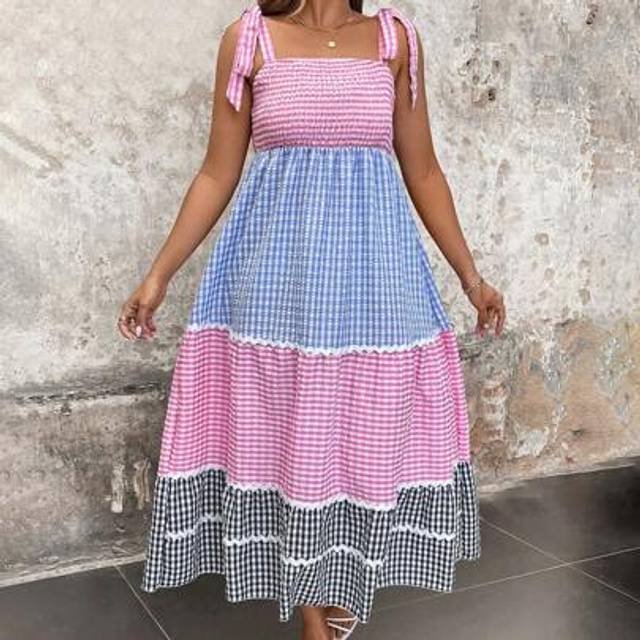 SHEIN Plus Size Women&#39;s Cute Plaid Ruffled Contrast Color Patchwork A-Line Bowknot Strap Dress, Spring/Summer