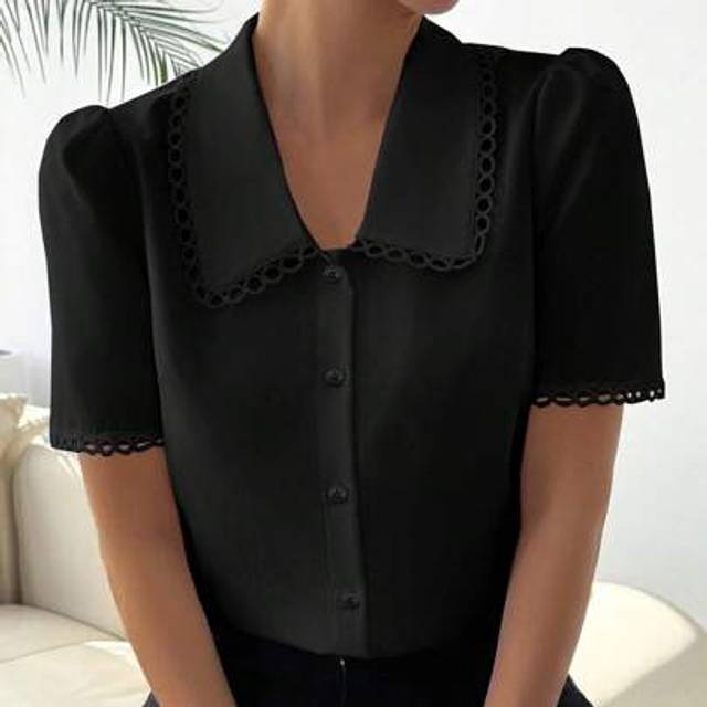 RosyDaze Women&#39;s Fashion Black Contrast Peter Pan Collar Short Sleeve Blouse