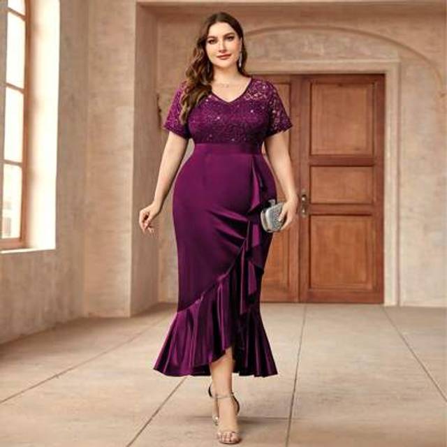 SHEIN Plus V Neck Sequin Insert Lace Satin Ruffle Trim Mermaid Hem Formal Party Long Dress, Prom Evening Wedding Guest Gown, For Festivals, Graduation, Dinn