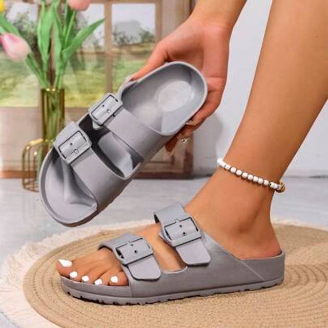 SHEIN Plus Size Women Flat Buckle Slip-On Waterproof Anti-Slip Breathable Slide Sandals