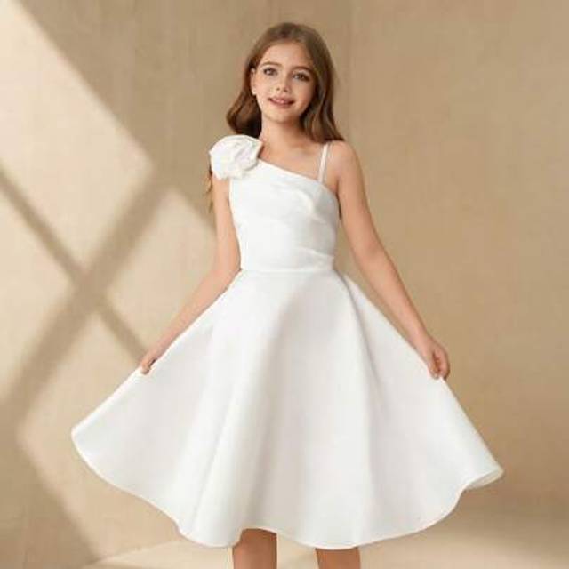 SHEIN Plus Size Elegant And Fancy Girls&#39; Flower Decor One Shoulder Short Party Dress, Suitable For Flower Girl In Wedding Season