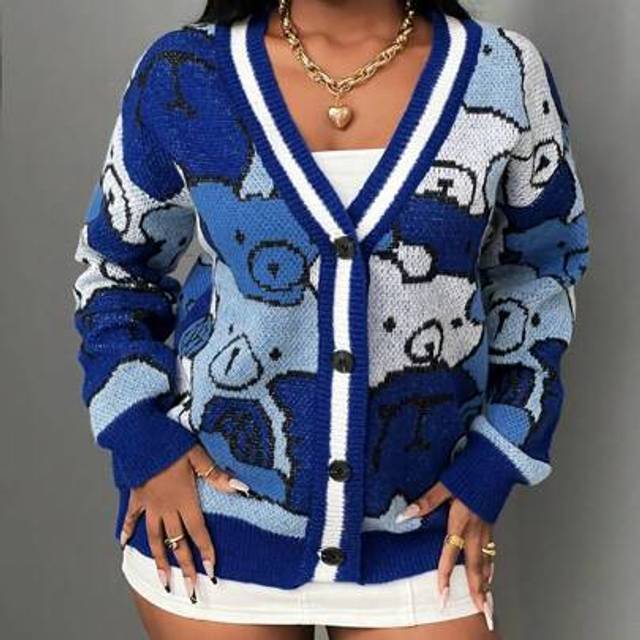 Slaydiva Women Casual Crew Neck Long Sleeve Bear Pattern Knitted Cardigan, Suitable For Autumn/Winter Home Wear,Long Sleeve Tops