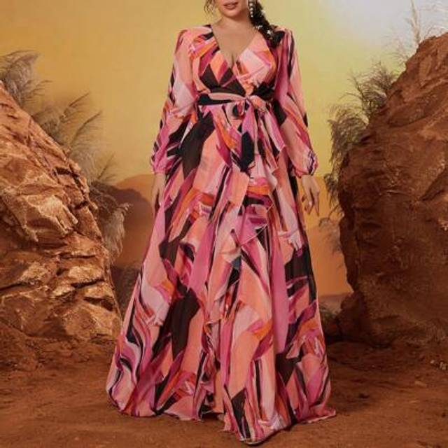SHEIN Mgiacy New Arrival V Neck Elegant Bridesmaid Dress Printed Ruffle Chiffon Long Dress