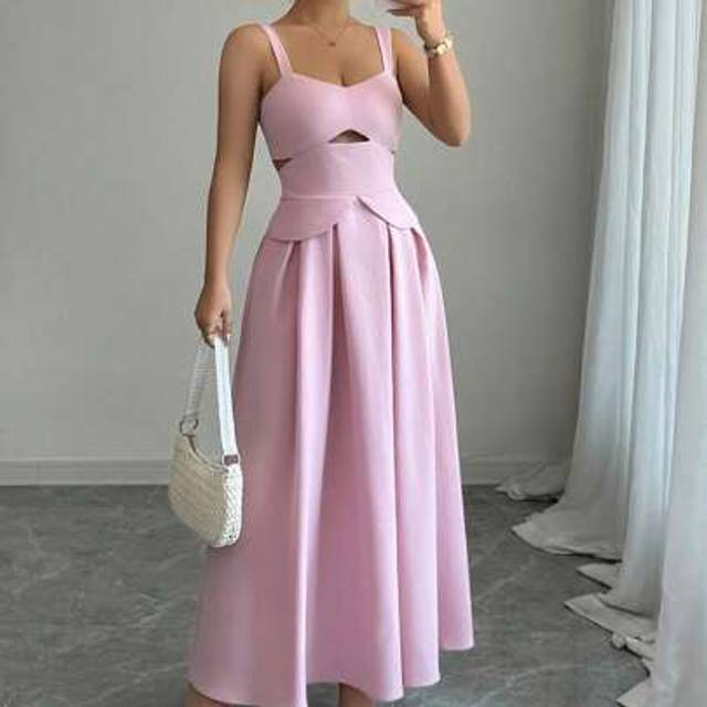 Elenzga Women&#39;s Summer Vacation/Date Wear/Music Festival Boho Chic Elegant Woven Macaroon Pink Retro Square Neck Spaghetti Strap Waist Cutout Flare Hem Dress