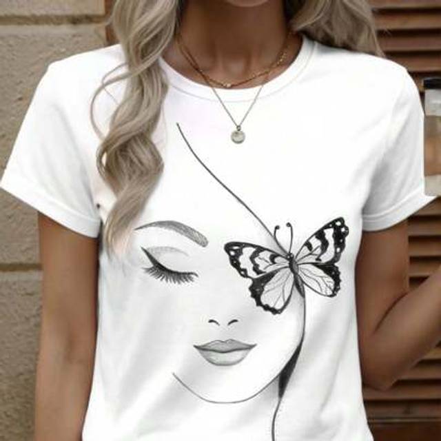 SHEIN Plus Size Women Casual Simple Face & Butterfly Print Short Sleeve Round Neck T-Shirt