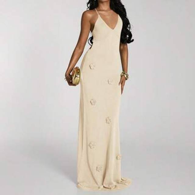 SHEIN Women&#39;s Elegant Sexy 3D Floral Decor Backless Maxi Knit Dress