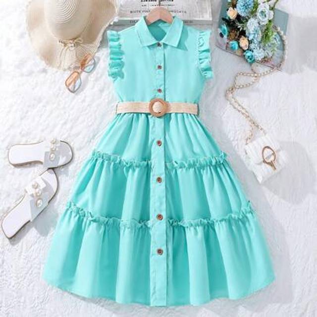 SHEIN Tween Girls&#39; Solid Color Ruffle Trim Midi Dress With Braided Belt
