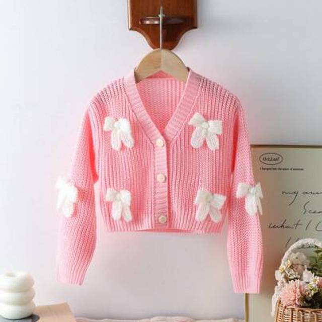 SHEIN Young Girl V-Neck Front Button Bow Detail Long Sleeve Cardigan
