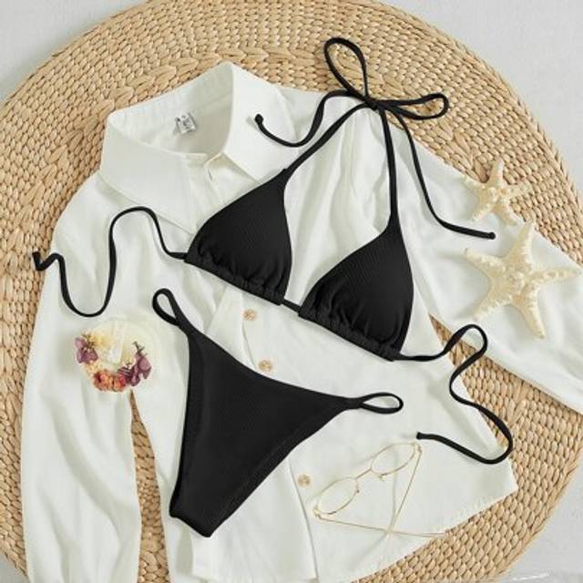 SHEIN Summer Beach Ribbed Bikini Set Tie Back Halter Triangle Bra & Thong 2 Piece Bathing Suit
