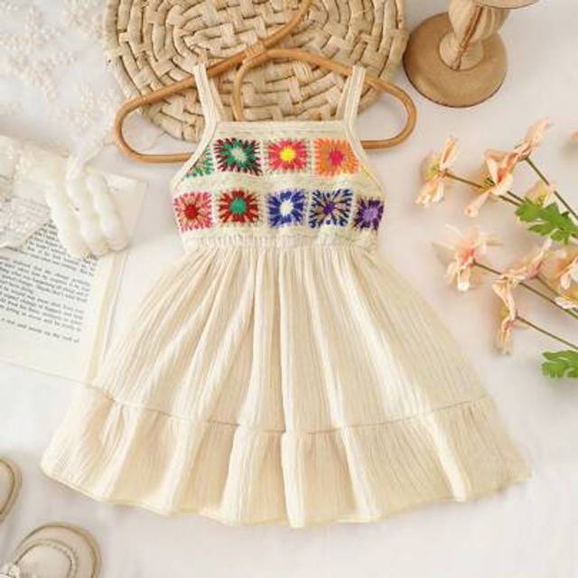 SHEIN Bohemian Style Baby Girl Crochet Flower Decor Cinched Waist Sleeveless Dress