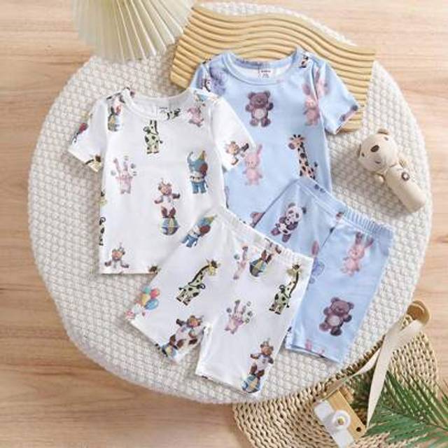 SHEIN 4-Piece Newborn Baby Boy Spring/Summer Knitted Cartoon Bear, Elephant, Zoo Animal Print Crew Neck Short Sleeve Top And Shorts Casual Loungewear Set