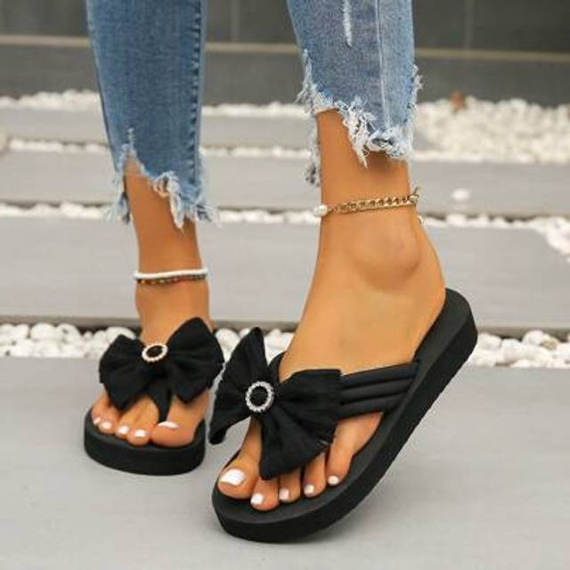 SHEIN Women&#39;s Bow Thong Slippers, Fashion High Heel Flip Flops With Non-Slip Thick Sole, Suitable For Beach, Holiday Vacation, Casual Daily Wear