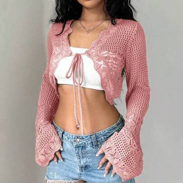 Flirla Women&#39;s Solid Color Hollow Out Lace-Up Front Cropped Cardigan, Suitable For Vacation
