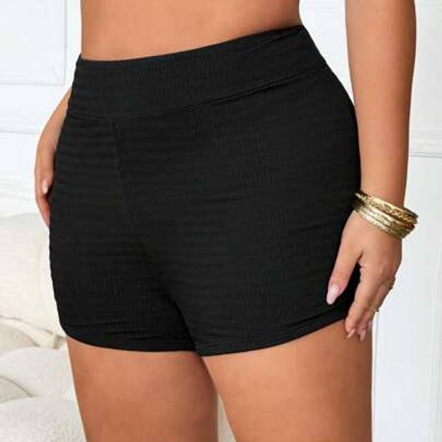SHEIN Plus Size Women High Waist Plain Textured Fabric Swim Bottom, Summer