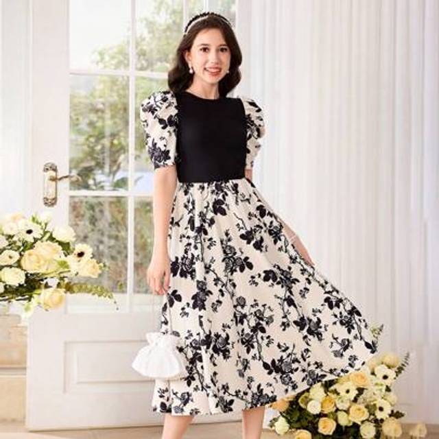 SHEIN Teen Girls Layered Geometric Patchwork Knit Short Gigot Sleeve A-Line Dress, Casual Elegant Vacation Dress