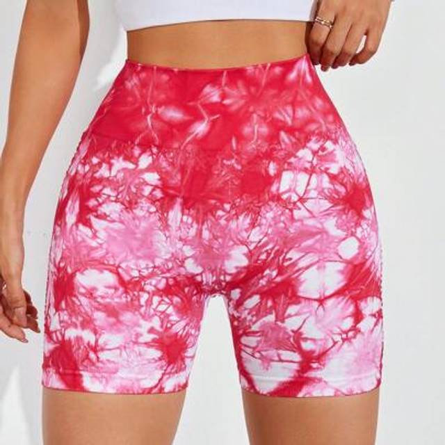 SHEIN Red Tie-Dye Mesh Seamless Yoga Sports Shorts For Women Biker Shorts