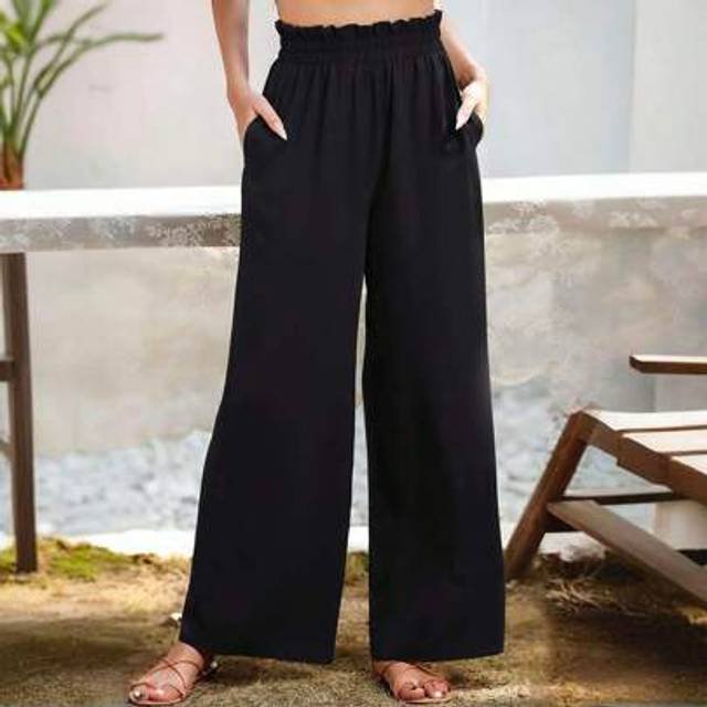 SHEIN Women&#39;s Casual Black Pearl Texture Fabric Ruffle Hem Elastic Waist Side Pocket Wide Leg Pants, Spring/Summer