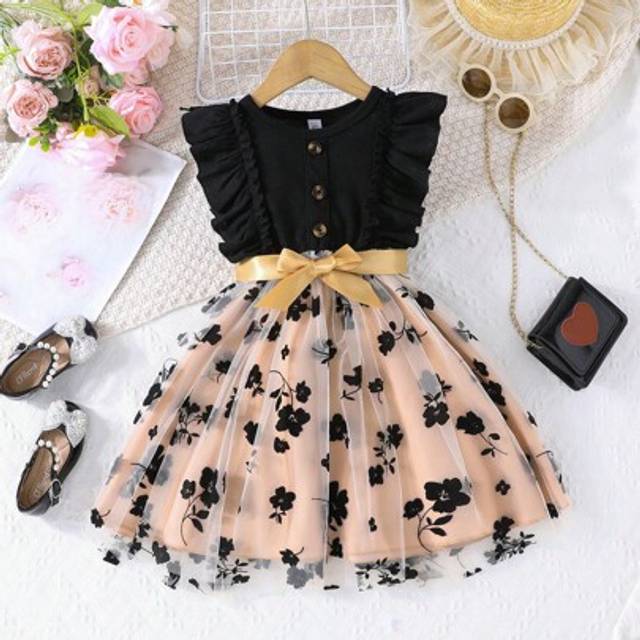 SHEIN Young Girl Elegant Ribbed Ruffle Sleeveless Floral Mesh Party Princess Dress, Fashion Children Clothing
