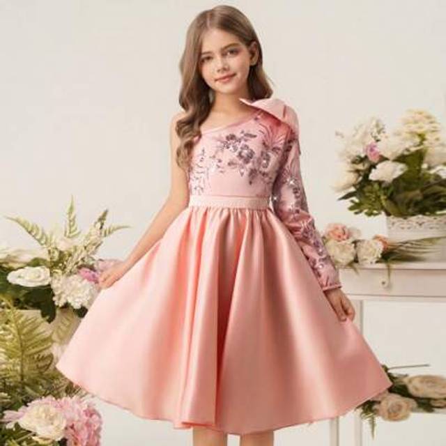 SHEIN Flower Tween Girls Sequin Patchwork Satin One Shoulder Bowknot A-Line Short Dress, Wedding Bridesmaid Pageant Birthday Party