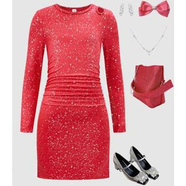 SHEIN Glittering Sequin Party Night Dance Long Sleeve Body-Con Knit Dress For Tween Girls