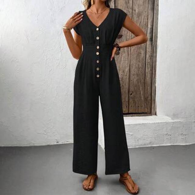 SHEIN Women&#39;s Casual Solid V-Neck Batwing Sleeve Single-Breasted Jumpsuit, Summer