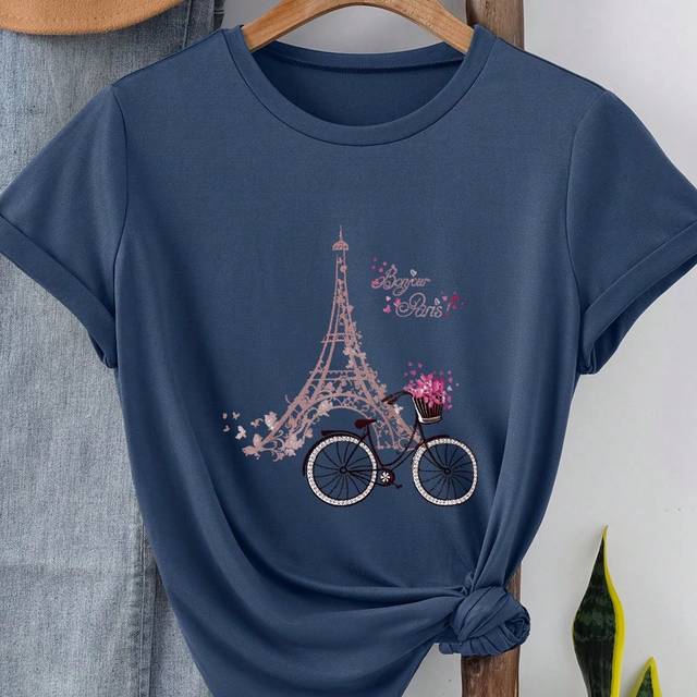 INAWLY Women&#39;s Casual Floral, Eiffel Tower & Bicycle Print Round Neck Short Sleeve T-Shirt Graphic Tees Women Tops