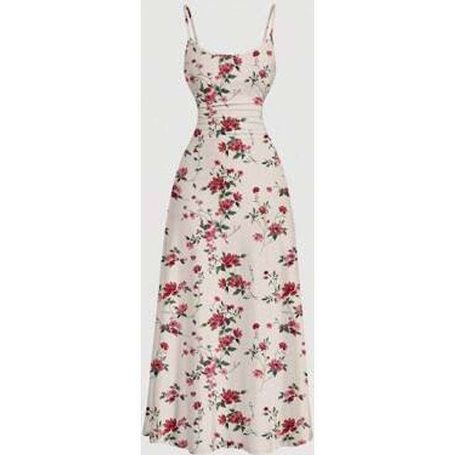 SHEIN Casual Floral Print Waist Smock Hem Maxi Spaghetti Strap Dress, Suitable For Summer,Sun Dress Women Dresses Women Elegant Dresses