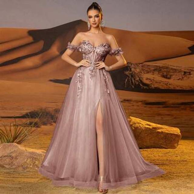 SHEIN 3D Flower Tulle Prom Dresses Long Off Shoulder Corset Sparkly Sequin Lace Embroidery Formal Party Gown For Women High Split A Line Homecoming Dresses