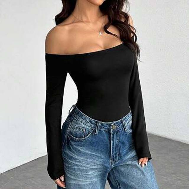 SHEIN Black Knitted One Shoulder Women&#39;s Bodysuit