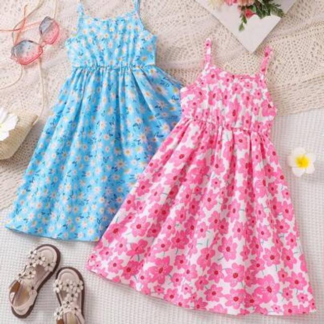 SHEIN 2pcs/Set Summer Casual Sweet Girl Ditsy Floral Dress, Young Girl Outdoor Beach Vacation Photography Cinched Waist Strap Dress, Young Girl Long Dress