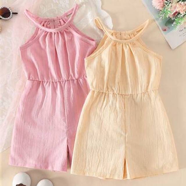 SHEIN 2pcs/Set Young Girl Casual Minimalist Sleeveless Crop Top And High Waist Shorts Set, Sisters Matching Romper