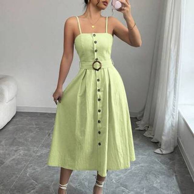 Calvaya Button Front Belted Cami Dress Maxi Women Outfit Women Summer Clothing