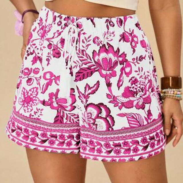Travachic Plus Size Women&#39;s Boho Floral Print Woven Fabric Shorts With Knot Detailing And Short Length In Hot Pink