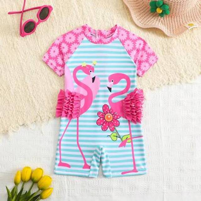 SHEIN Baby Girls Cute Flamingo Floral Print Short Sleeve One-Piece Swimsuit
