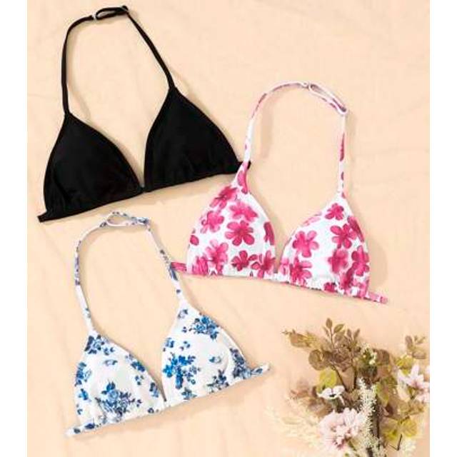 SHEIN Teen Girls 3 Piece Set: Solid Color Crochet Halter Bikini Top With Floral Design