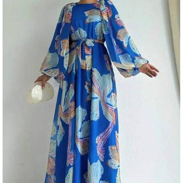 SHEIN Floral Print Crew Neck Abayas Dress - Elegant Long Sleeve Maxi Length Dress - Women&#39;s Clothing - For Women - Suitable For Casual & Formal Occasions -