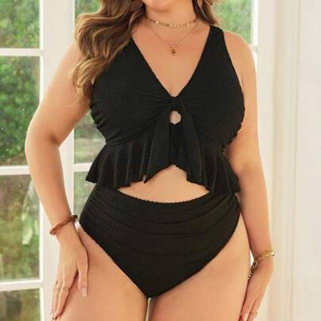 SHEIN Plus Size Women Jacquard Solid V-Neck Tie Front Hollow Lace Trim Slim Top To Match High Waist Pleated Front Tankini Swimsuit, Sexy Elegant Beach Vacat