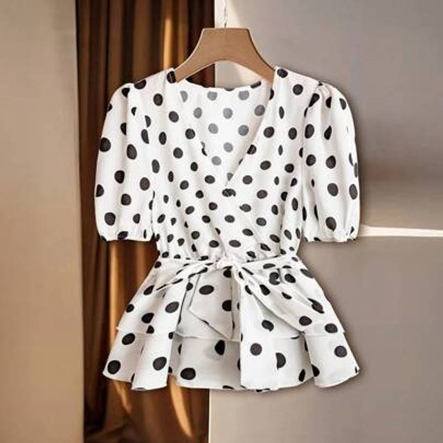 Franclia Casual V-Neck Large Polka Dot Layered Ruffle Hem With Belt Women Blouse Top
