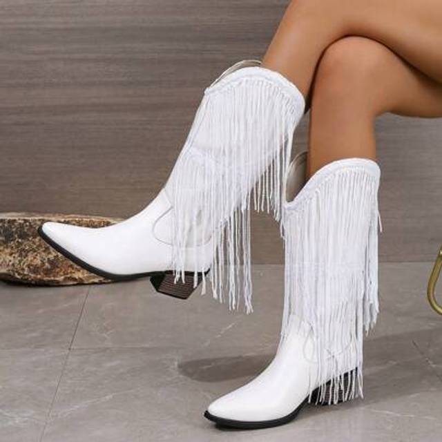 SHEIN White Double Layer Tassel Chunky Heel Square Toe Slip-On Fashion Comfy Versatile Cowboy/Riding Boots For Women