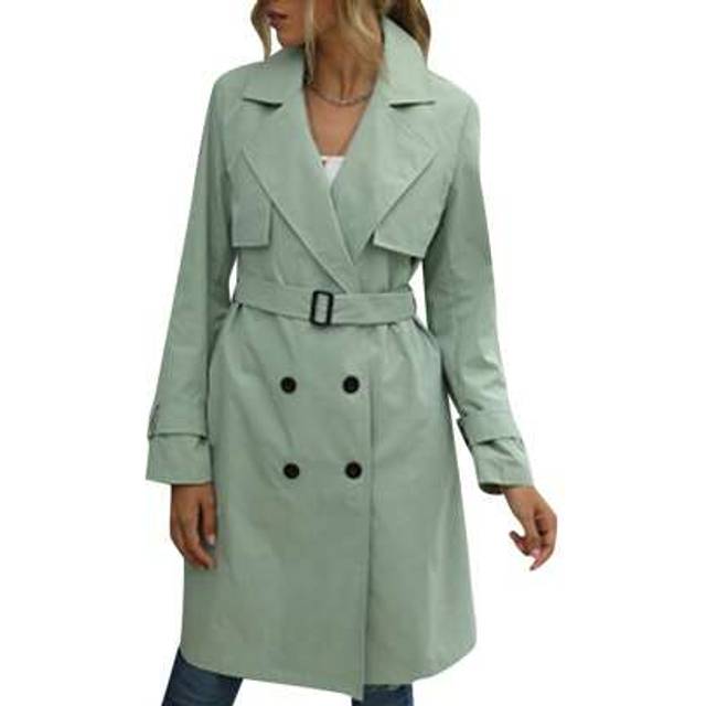 SHEIN Ladies Casual Wind Coat, Spring Autumn Girls Solid Color Long Sleeve Lapel Double-Breasted Outwear With Belt