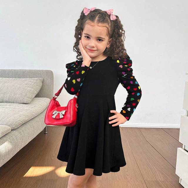 SHEIN Nova Glow Young Girl Colorful Dot Splice Round Neck Long Sleeve Knit Dress