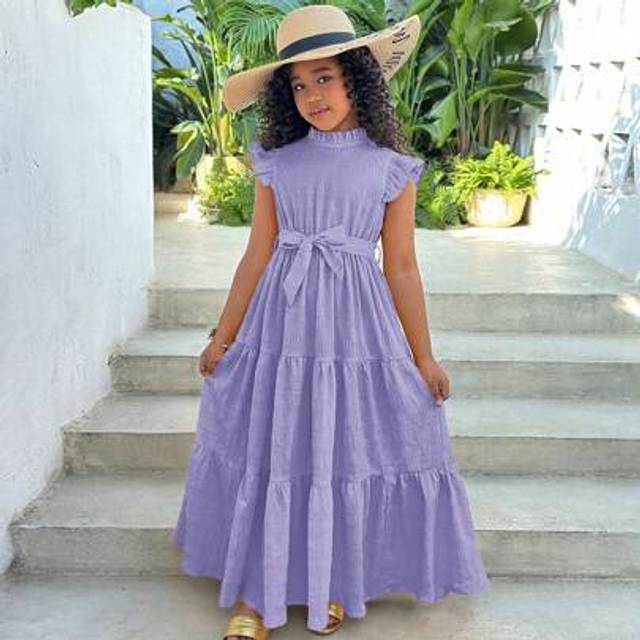 SHEIN Plus Size Girl Casual Vacation Ruffled Collar Cinched Waist Long Cap Sleeve Dress