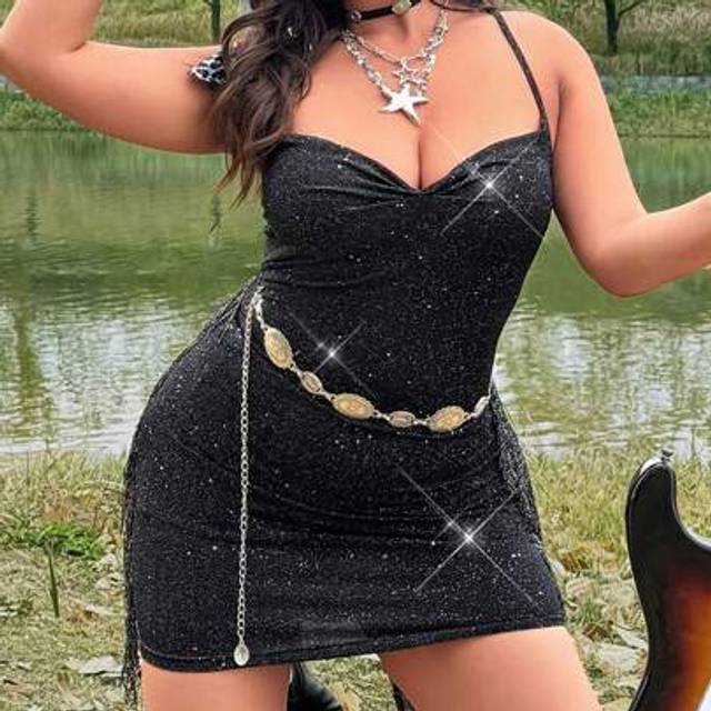 Flirla Plus Size Women Festival, Boho, Hippie, Cowgirl Outfit, Old Money Style Sparkle Off-Shoulder Camisole Dress