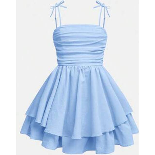 SHEIN Tween Girls&#39; Woven Solid Color Bubble Pleated Double Layer Dress Casual Strappy French Fairy Dress ,Vacation HolidayÂOutfits