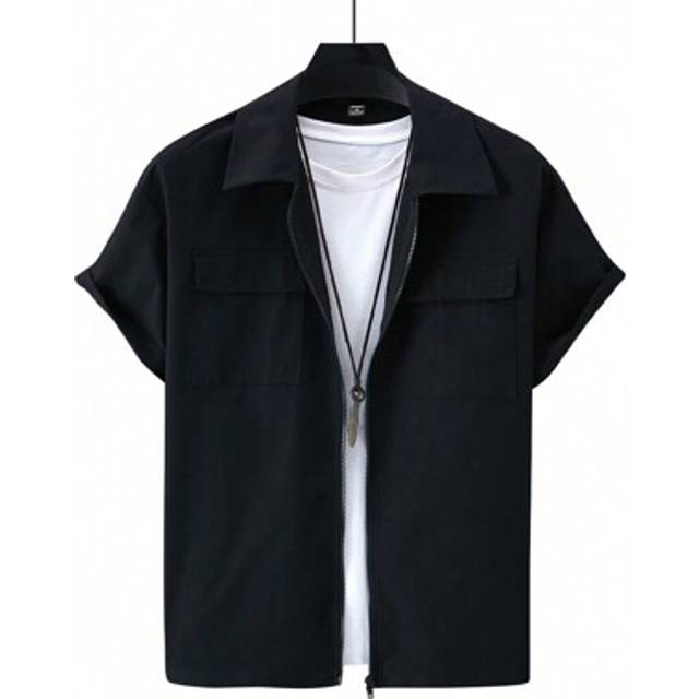 SHEIN Men&#39;s Summer Solid Color Plain Workwear Zipper Front Short Sleeve Casual Black Boxy Shirt With Pockets ,Cargo , Casual Fashion Shirts ,Summer Shirts,