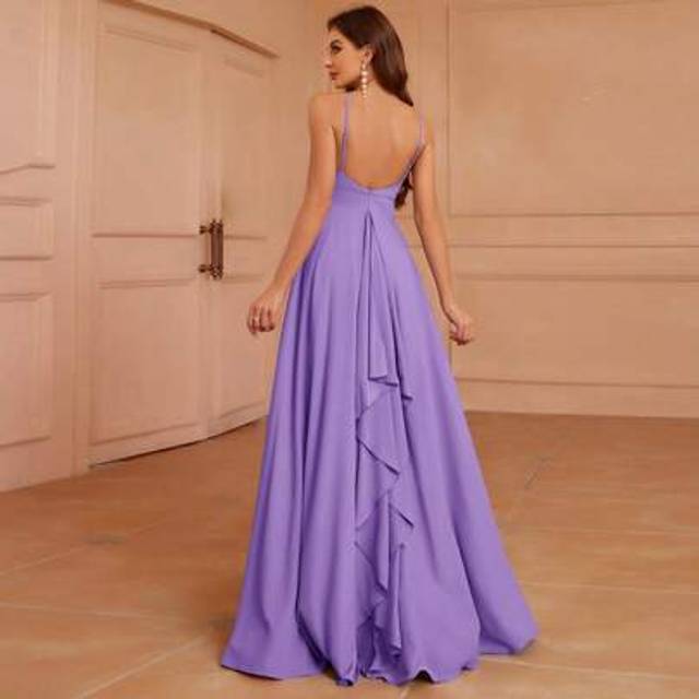 SHEIN Halter Neck Low Back Wrap Ruched Waist Maxi Flared A-Line Asymmetrical Ruffle Back Bridesmaid Dress (Adult)