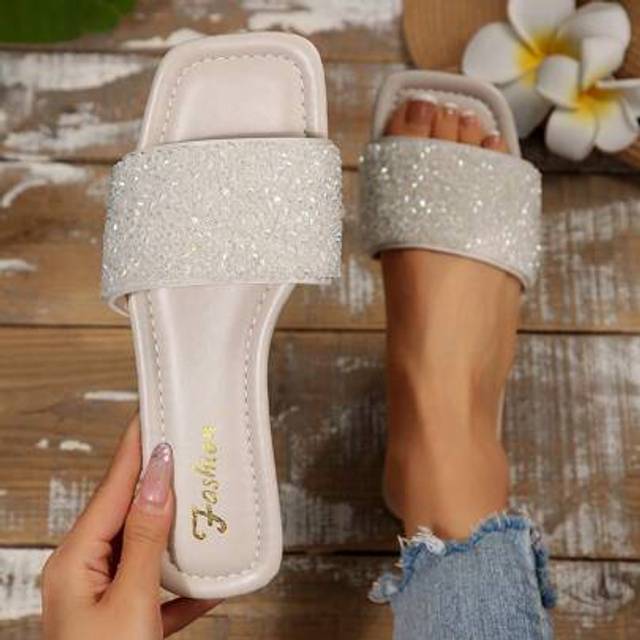 SHEIN Plus Size Fashionable French Luxury Rhinestone Beach/Home Slide Sandals For Mom, Versatile & Non-Slip